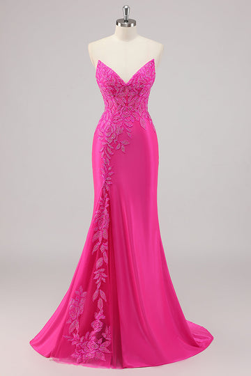 Robe De Soirée longue perlée sans bretelles sirène fuchsia avec appliques